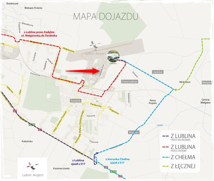 Mapa dojazdu do lotniska w Świdniku
