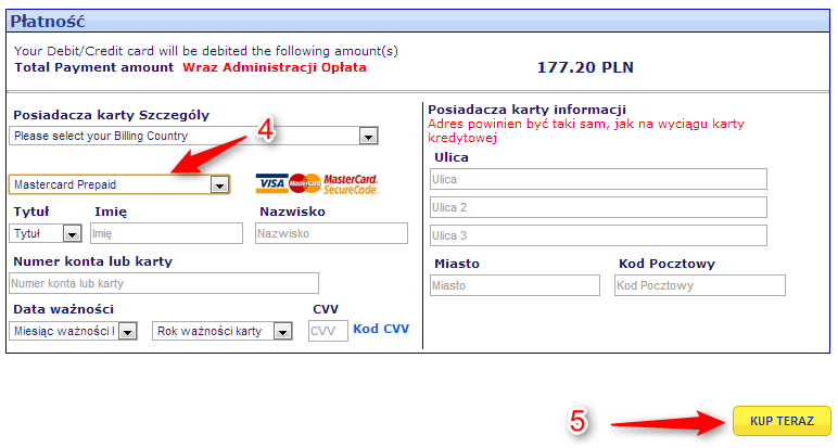 Bilety Ryanair płatność MasterCard Prepaid